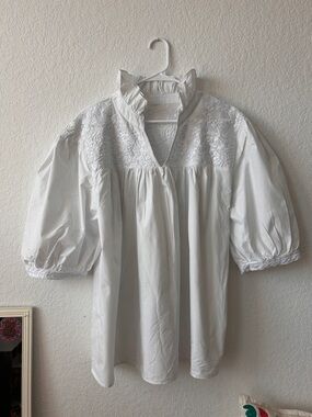 Mexican Themed White Embroidered V-Neck Puff-Sleeve Blouse